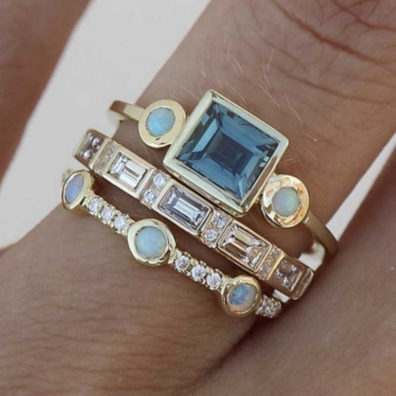 3pcs Luxurious Stackable Ring Set with Navy Blue & Turquoise CZ